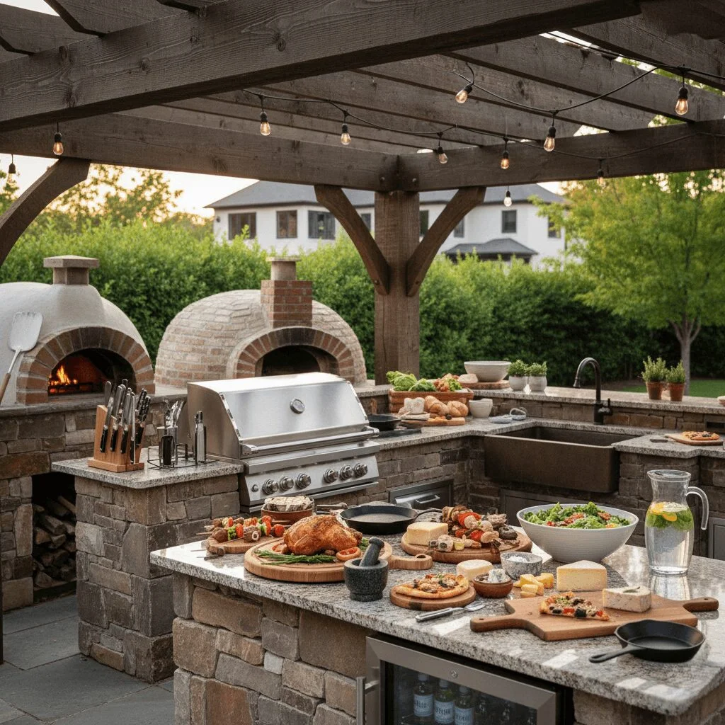 an outdoor kitchen featuring a grill
