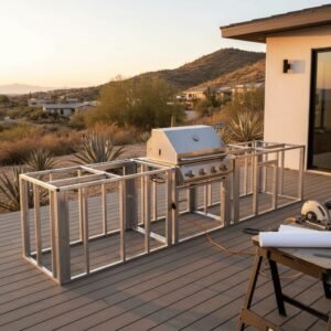 outdoor kitchen poolside seating