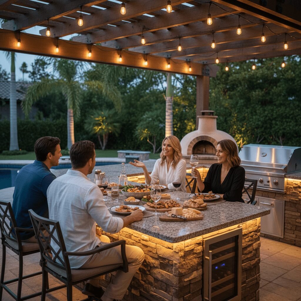 people enjoying outdoor kitchen dinner