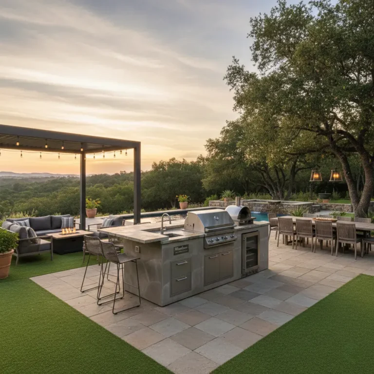 Outdoor kitchen in a backyard patio over grass overlooking a mountain view